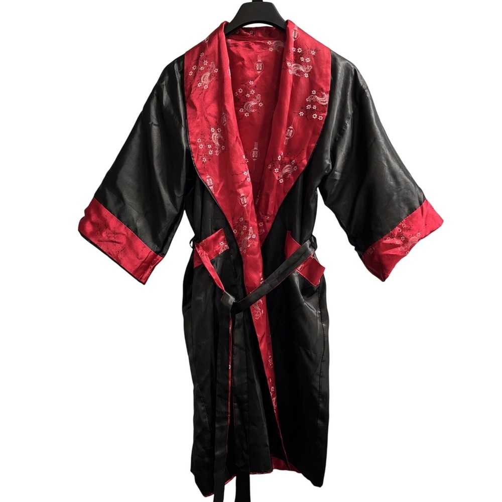 Kimono‎ Robe M Reversible Black Satin Dragon Embroidered Red Asian Print Waist